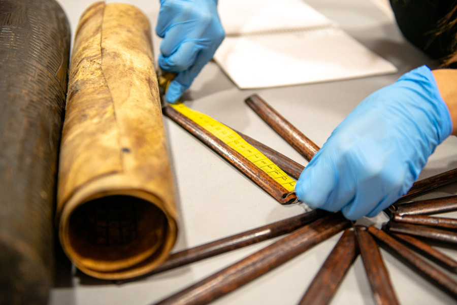 Close-up showing the measurement of bamboo slats.